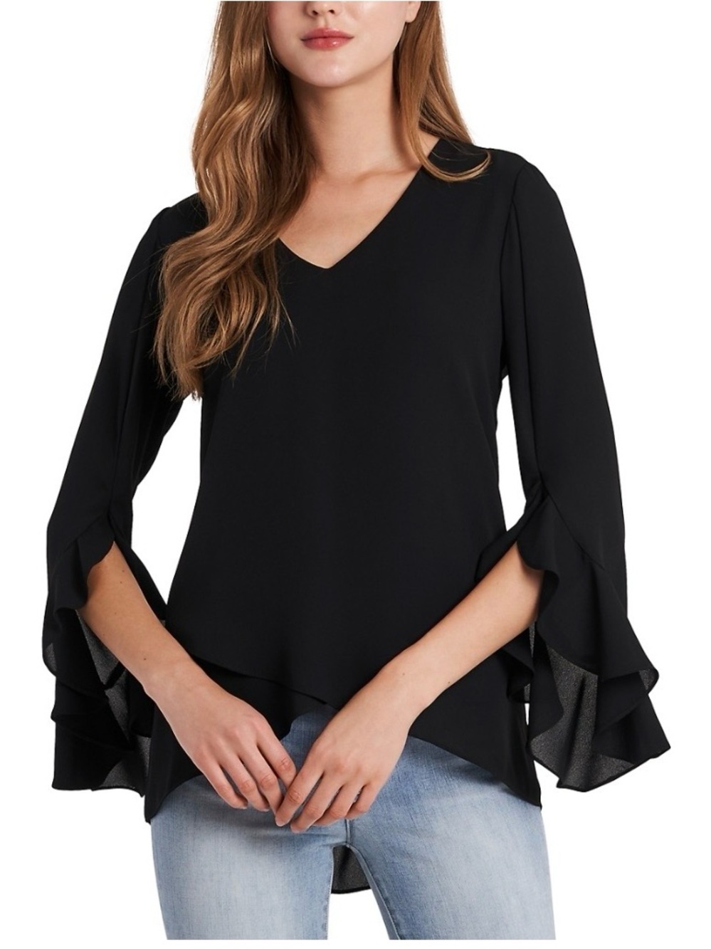 Vince Camuto Black V-Neck Ruffle-Sleeve Blouse